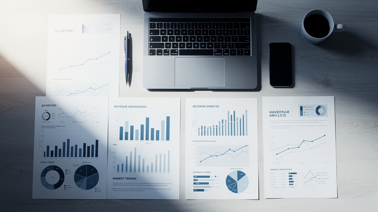 Aufger&auml;umter Schreibtisch mit Finanzzahlen, Charts und Dokumenten